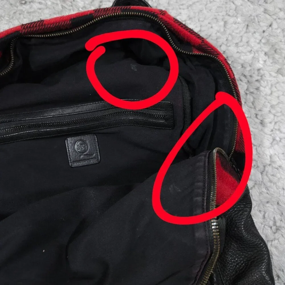 READ Mcq by Alexander Mcqueen Red Black Buffalo Plaid Wool Leather Backpack